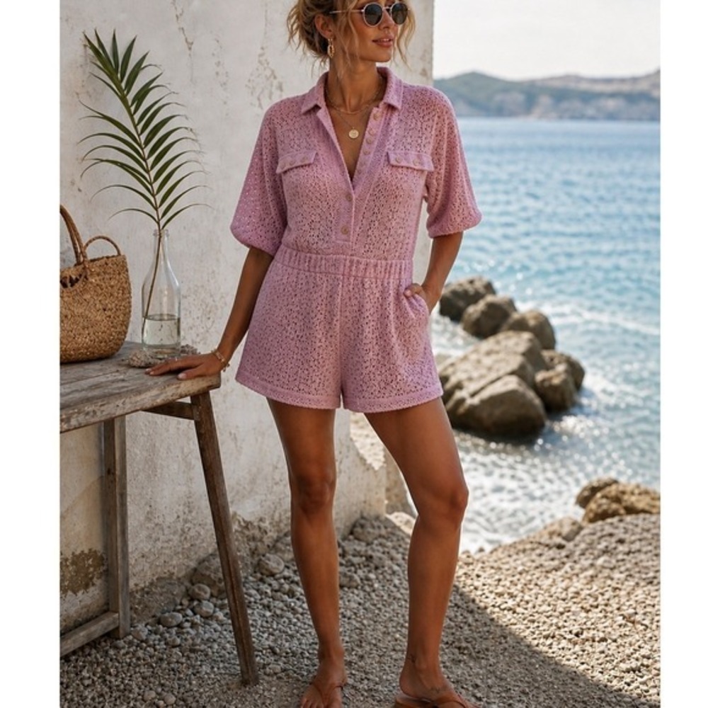 Free People Beach Lavender Crochet Romper Boho Swim Cover Up Button‎ Size Small